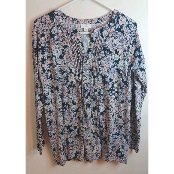 J. Jill V Neck Popover Knit Tunic Top S Navy Blue Pink Floral Longsleeve Casual - Picture 1 of 8